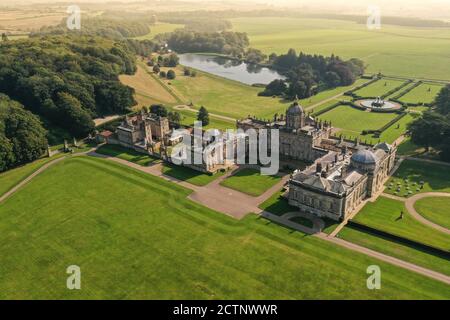 CASTLE HOWARD, YORKSHIRE, UK, - SEPTEMBER 22, 2020.  An aerial drone landscape of the castle Howard estate in the Howardian Hills near York, UK Stock Photo