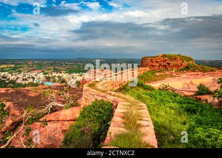 ancient fort architecture with amazing blue sky from flat angle shot is taken at badami karnataka india. Stock Photo