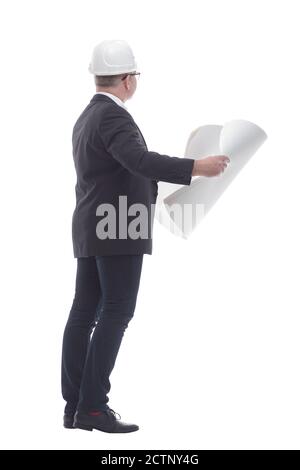 side view. experienced architect carefully reading the new drawi Stock Photo