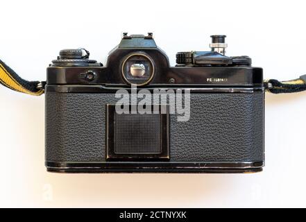 Back of Nikon FE SLR film camera body. Stock Photo