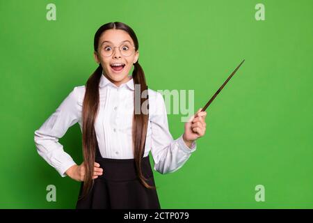 Photo of cute charming little lady in front of blackboard hold pointer excited open mouth replace teacher empty space lesson wear white shirt glasses Stock Photo