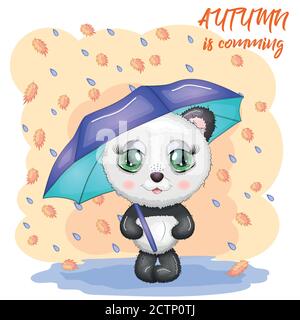 Cute panda with big eyes and an umbrella on the background of falling leaves and rain, Autumn is coming Stock Vector