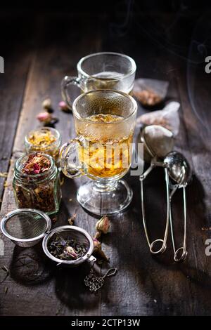 Morning breakfast with tea.Autumn drink.Wooden table.Healthy food and snack. Stock Photo