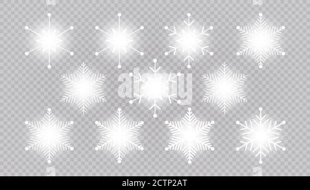 Vector big set of white light Snowflakes design element on transparent background. Different designs. Stock Vector