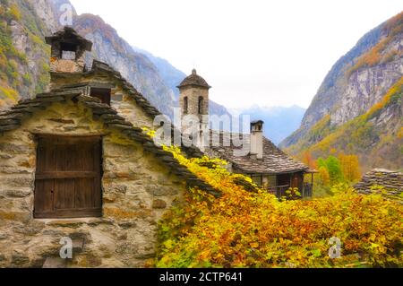 Alpine Village Foroglio in Val Bavona with Mountain in Autumn in Ticino, Switzerland. Stock Photo