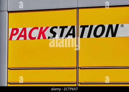 Berlin, Germany - September 17, 2020: DHL lockers for parcels that the recipient can pick up there. Stock Photo