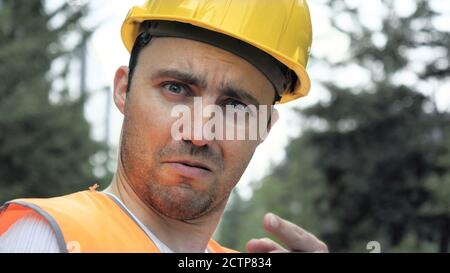 Comic emotion. Constructor Engineer Man What Reaction Look Camer Stock Photo
