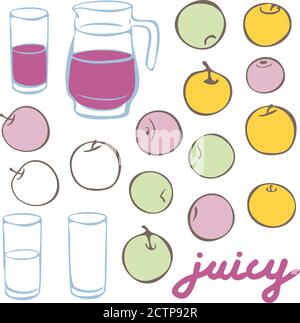 Vector hand drawn set of apples of different color, jar and glasses with juice. Vector illustration collection for restaurant. Stock Vector