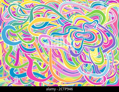 Multicolor psychedelic crazy abstract swirl line art, pastel neon color. Stock Vector