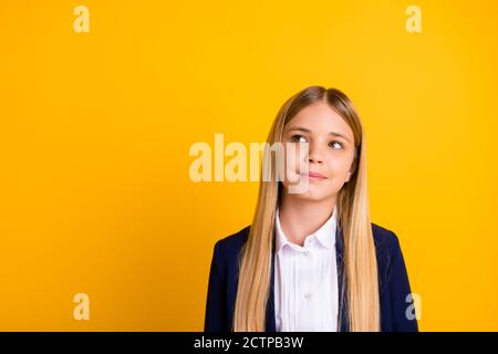 Close-up portrait of her she nice attractive pretty lovely brainy genius minded long-haired girl creating strategy science solution isolated bright Stock Photo