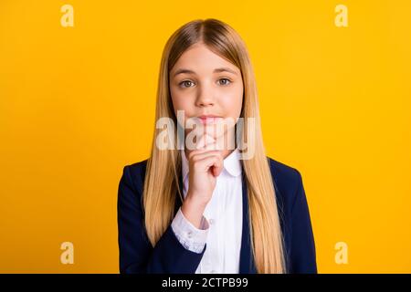 Close-up portrait of her she nice attractive pensive brainy schoolchild nerd geek creating strategy solution touching chin isolated bright vivid shine Stock Photo