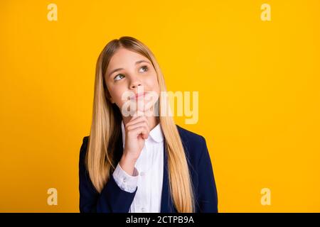 Close-up portrait of her she nice attractive minded genius brainy schoolchild nerd creating strategy science academic progress isolated bright vivid Stock Photo