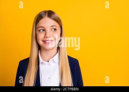 Close-up portrait of her she nice attractive pretty cute knowledgeable brainy cheerful schoolchild learner nerd training memory isolated bright vivid Stock Photo