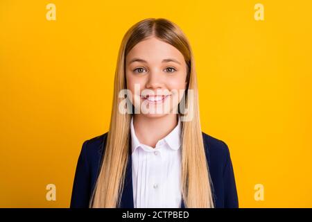 Close-up portrait of her she nice attractive pretty cute brainy intelligent cheerful cheery schoolchild learner nerd academic progress isolated bright Stock Photo