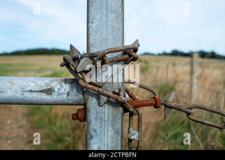 metal chain on a gate, keep out. Stock Photo