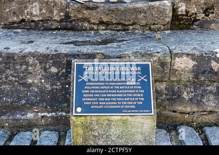 Plaque commemorating the Battle of Stow during the English civil war. Stow-on-the-Wold, England. Stock Photo