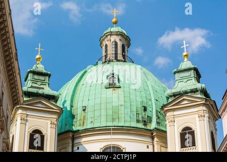Vienna, Austria – June 3, 2017. Dome and towers of Peterskirche, dating from 1702, in Vienna. Stock Photo