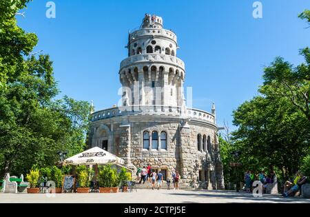 Budapest, Hungary – June 5, 2017. Elizabeth Lookout tower in Budapest, with people. The tower was built on Janos-hegy hill in 1911. Stock Photo