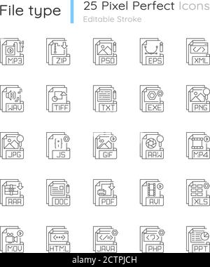 File extensions pixel perfect linear icons set Stock Vector