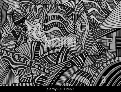 Black and gray abstract geometric shapes from triangles, ellipses with many patterns, doodle psychedelic art colorful background Stock Vector