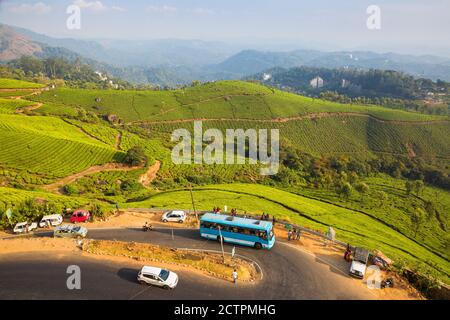 India, Kerala, Munnar, Road winding through Munnar tea estates Stock Photo