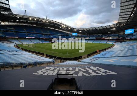 General view of the empty stadium before the Carabao Cup third round match at the Etihad Stadium, Manchester. Stock Photo