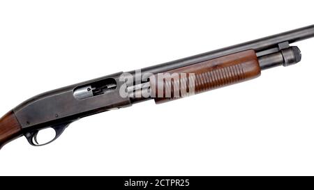 Pump-action 12 gauge shotgun isolated on white Stock Photo