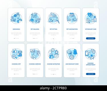 Pet services onboarding mobile app page screen with concepts set Stock Vector