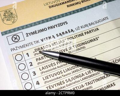 Close up voting ballot for for 2020 Lithuanian Seimas parliamentary elections with black pen