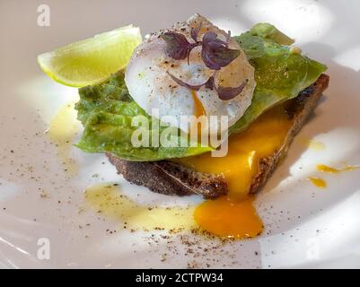 Egg benedict with avocado and bread toast. Breackfast snack Stock Photo