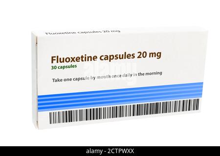 Box of Fluoxetine capsules 20 mg (artistic rendering). Stock Photo