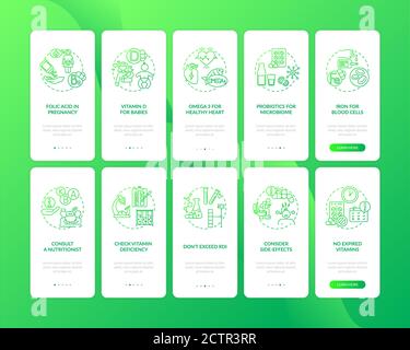 Essential supplements, consumption tips onboarding mobile app page screen with concepts set Stock Vector