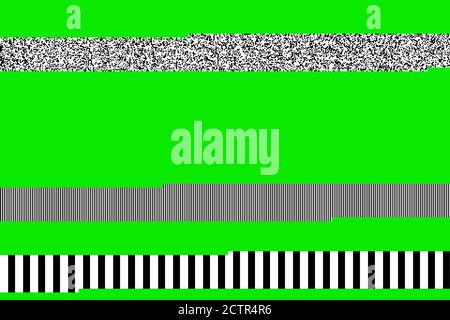 Isolated black and white scrolling lines, retro glitch 80s effect, on green background to cut out. Stock Photo
