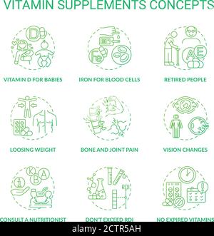 Vitamin supplements concept icons set Stock Vector