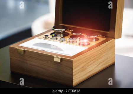 Set of standard weight in box for calibration process quality control lab closeup Stock Photo