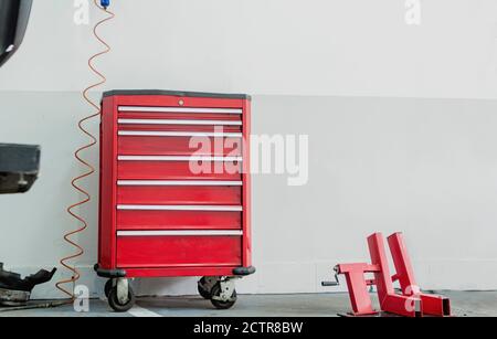 Motorcycle mechanics workshop, professional tools, selective focus. Stock Photo