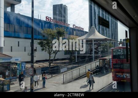 An exterior view from a London bus, of Elephant & Castle Shopping Centre which closing on Thursday for redevelopment, on 22nd September 2020, in south London, England. The much-criticised architecture of the Elephant & Castle Shopping Centre was opened in 1965 was built on the bomb damaged site of the former Elephant & Castle Estate, originally constructed in 1898. The centre was home to restaurants, clothing retailers, fast food businesses and clubs where south Londoners socialised and met lifelong partners. Stock Photo