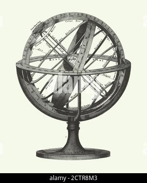 Armillary Sphere, Illustrating Theories, Forces, and Phenomena of the Solar System Engraving Antique Illustration, Published 1851 Stock Photo