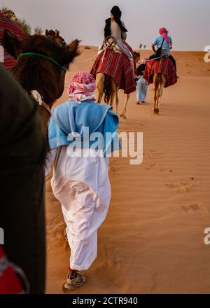 Guides leading tourists on a camel safari in the desert outskirts of Dubai, United Arab Emirates (UAE) Stock Photo