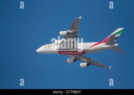 Emirates A380 airliner leaving Dubai International Airport - Fly Emirates Stock Photo