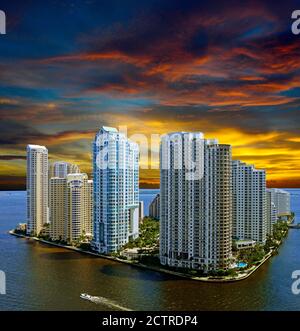 Spectacular Sunrise over the Condominiums on Brickell Key, Miami, Florida Stock Photo