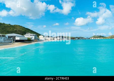 St.martin Grand case beach and cityscape. Grand case city on the caribbean island of saint martin. Stock Photo