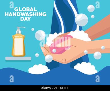 global handwashing day campaign with hands and soap bar vector illustration design Stock Vector