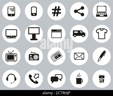 Advertising Media Icons Black & White Flat Design Circle Set Big Stock Vector