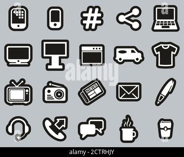 Advertising Media Icons White On Black Sticker Set Big Stock Vector