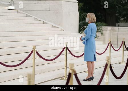 Washington, DC, United States. 24th Sep, 2020. Betsy DeVos U.S. secretary of education pays respect to Supreme Court Justice Ruth Bader Ginsburg as she lies in repose at the US Supreme Court on Thursday, September 24, 2020. Photo by Jemal Countess/UPI Credit: UPI/Alamy Live News Stock Photo