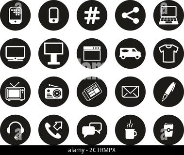 Advertising Media Icons White On Black Flat Design Circle Set Big Stock Vector
