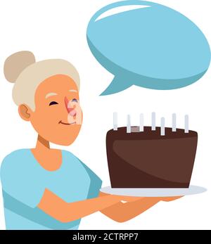 old woman with sweet cakeand speech bubble active senior character vector illustration design Stock Vector