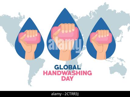 global handwashing day campaign with hands lifting soap bars in earth planet vector illustration design Stock Vector