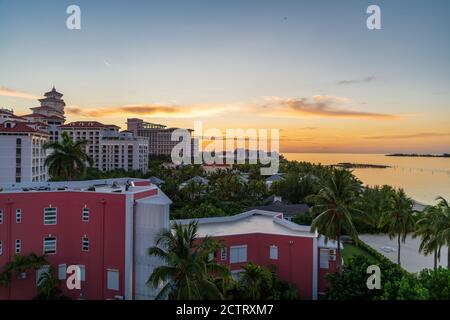 View of the tourist area in Cable Bay during sunset (Nassau, Bahamas). Stock Photo